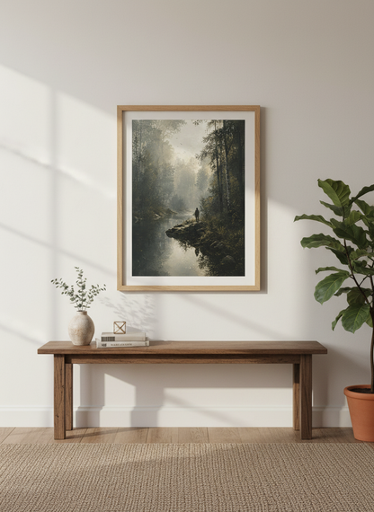 Misty Forest River Wall Art | Moody Landscape Print, Nature Living Room Decor