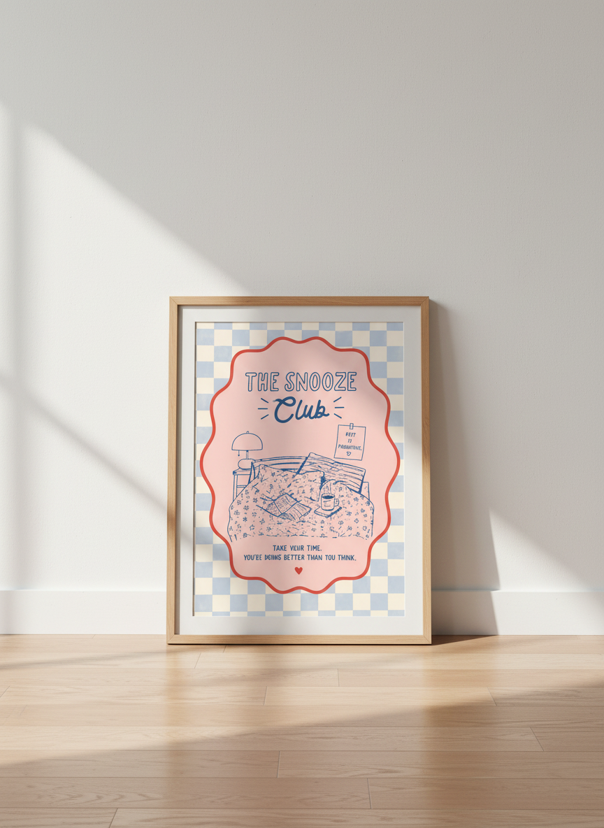 Snooze Club Cozy Bedroom Print | Self-Care Artwork, Blue Pink Cottagecore Decor
