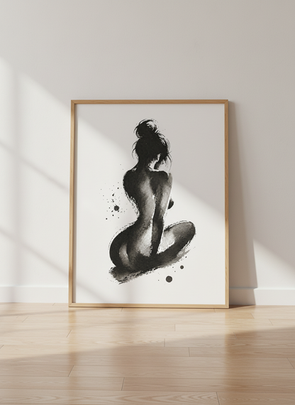 Zen Ink Wash Woman Figure Wall Art Print | Bedroom Decor | Minimalist Poster | Nude Female Painting