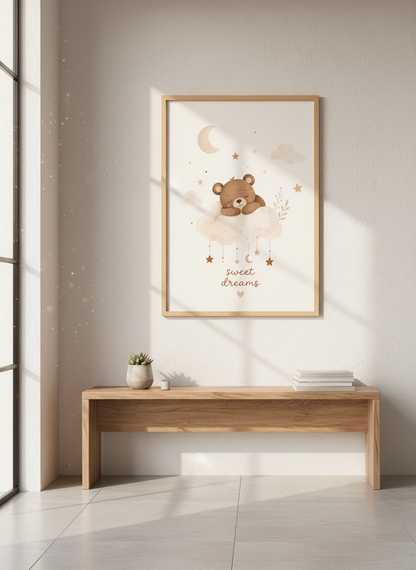 Sleeping Bear Nursery Wall Art | Boho Watercolor Poster, Sweet Dreams Baby Room Decor
