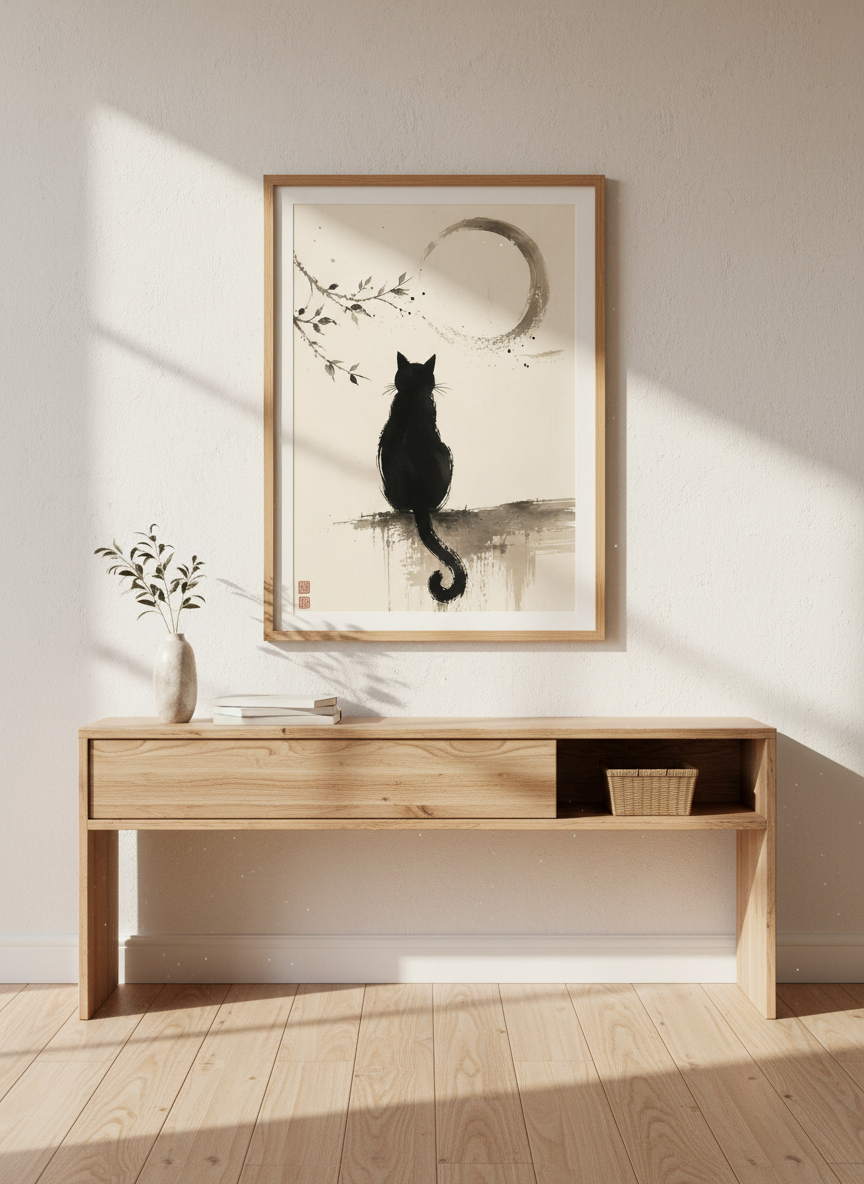 Japanese Black Cat Moon Wall Art | Minimalist Ink Poster | Zen Living Room Decor