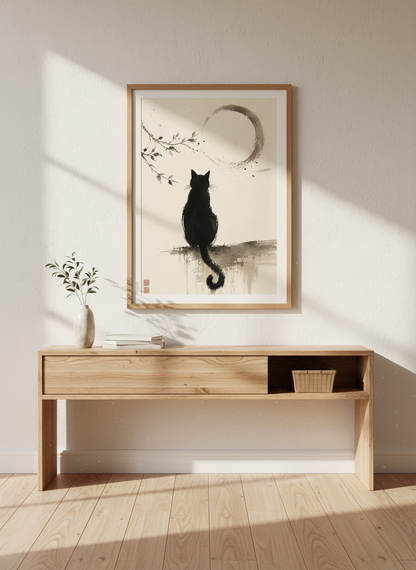 Japanese Black Cat Moon Wall Art | Minimalist Ink Poster | Zen Living Room Decor