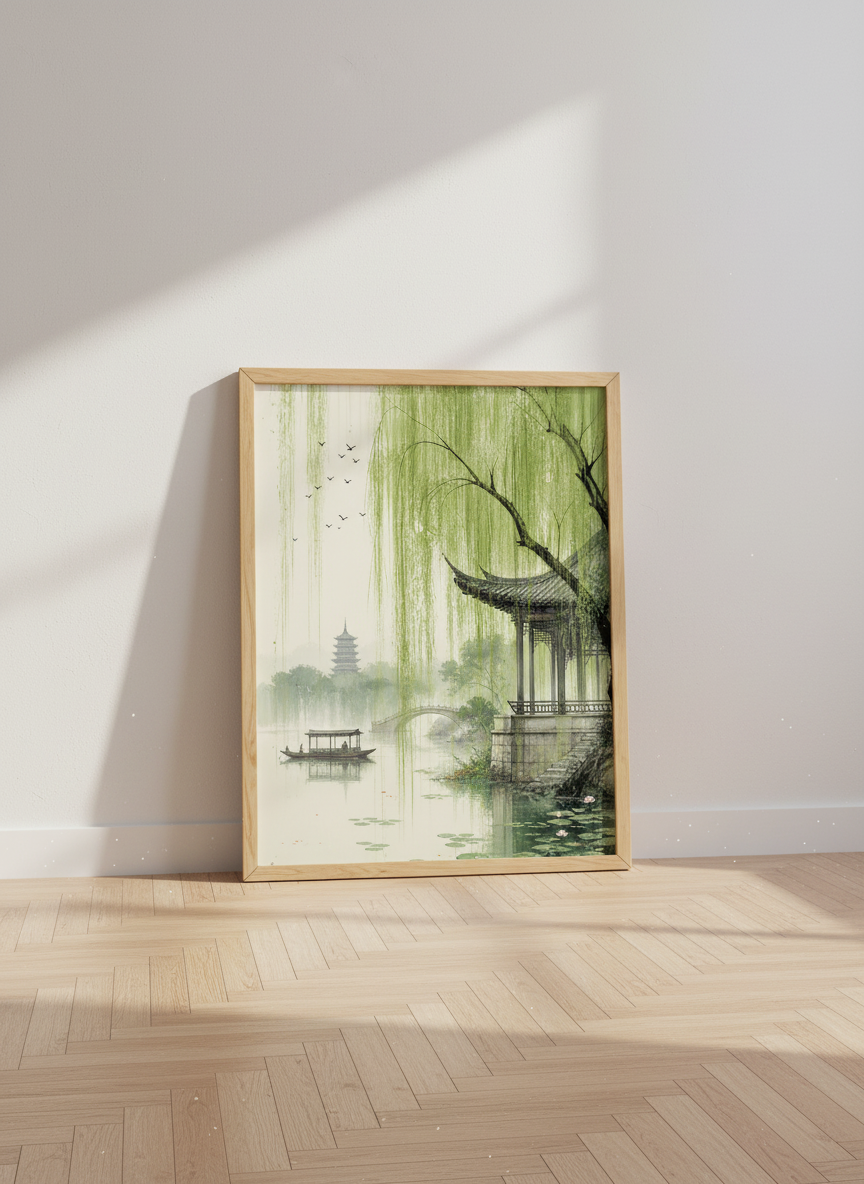 Japanese Zen Landscape Wall Art | Green Willow Pagoda Decor | Asian Nature Poster