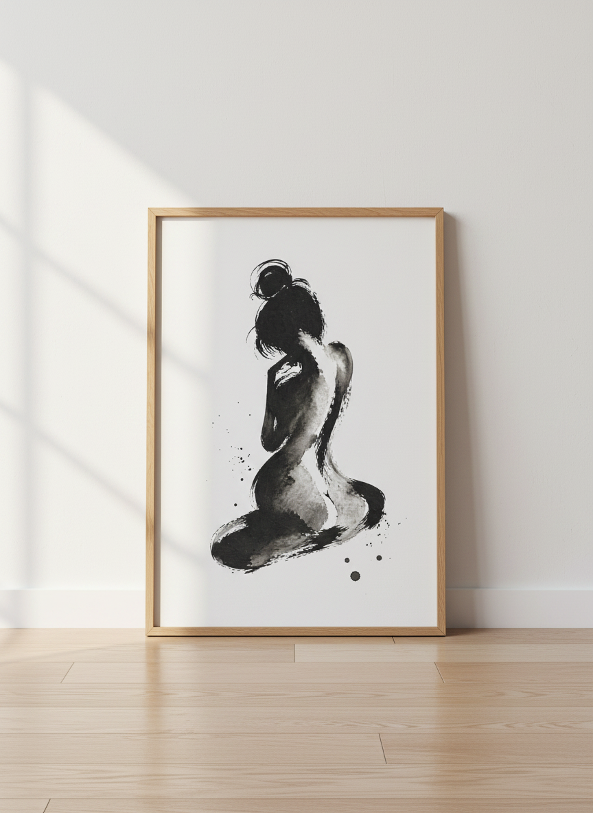 Minimalist Sumi-e Nude Woman Wall Art Print | Bedroom Decor | Zen Aesthetic Abstract Female Body Poster | Black &amp; White Figure Art
