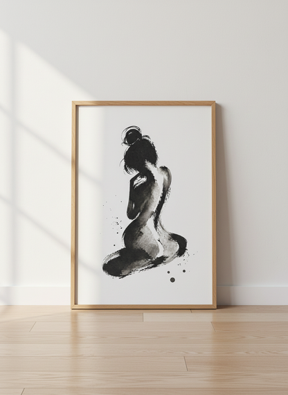 Minimalist Sumi-e Nude Woman Wall Art Print | Bedroom Decor | Zen Aesthetic Abstract Female Body Poster | Black &amp; White Figure Art
