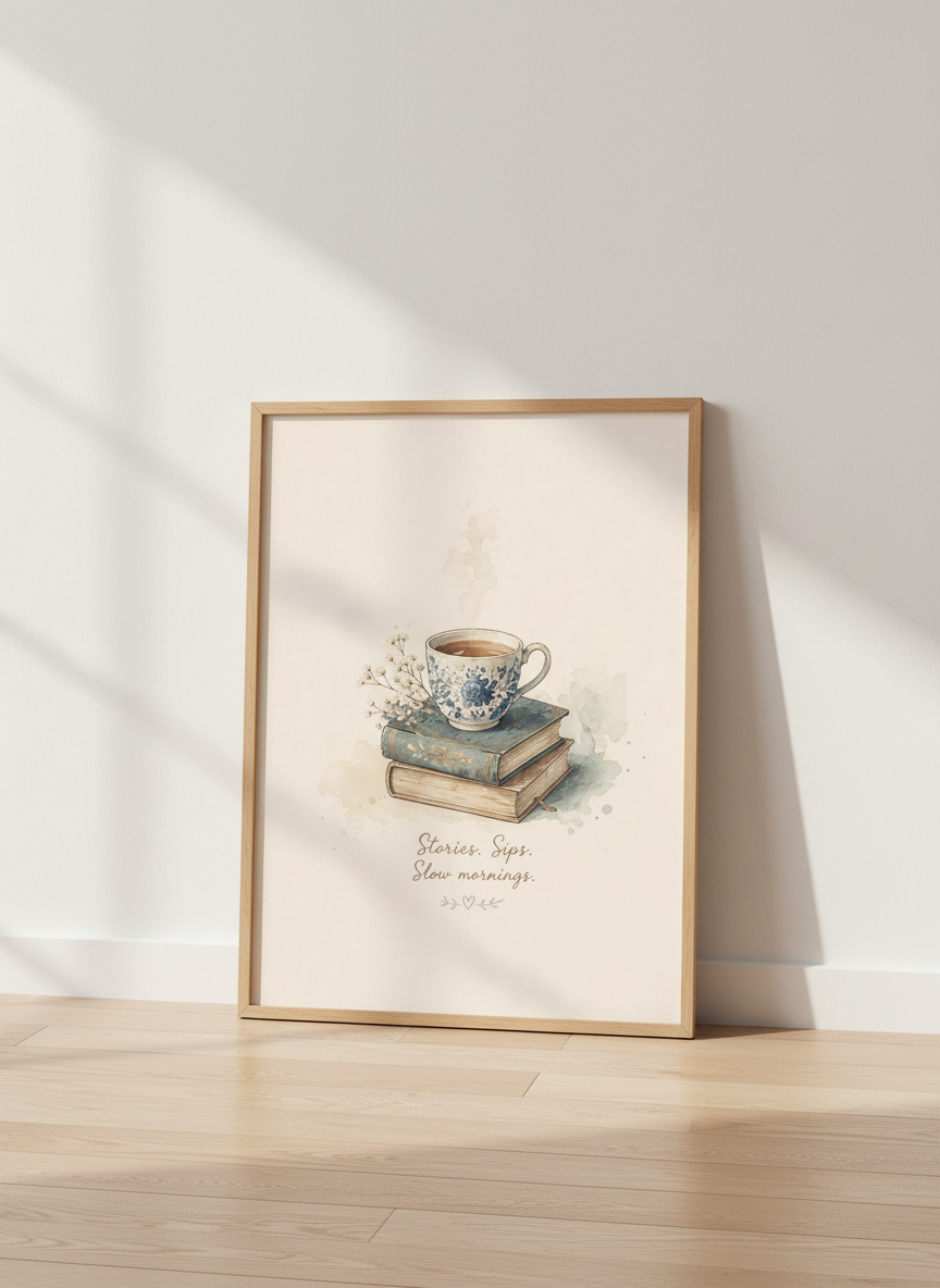 Watercolor Book &amp; Teacup Wall Art | Cozy Reading Nook Decor | Light Academia Poster
