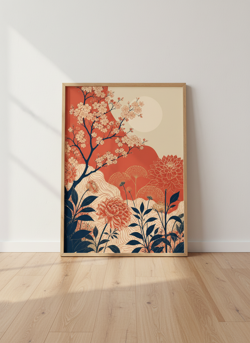 Japanese Floral Wall Art Print | Terracotta &amp; Navy Botanical Poster | Living Room Decor