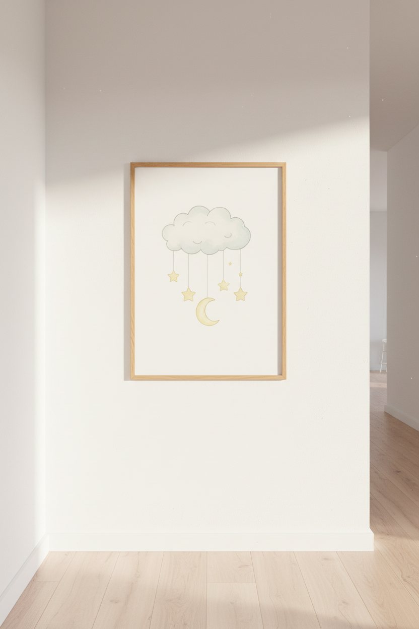 Minimalist Cloud &amp; Moon Wall Art Print | Baby Nursery Decor | Boho Kids Room Poster | Framed Bedroom Art