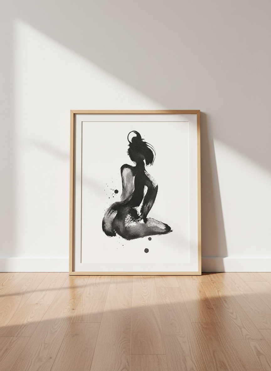 Minimalist Female Figure Wall Art Print | Bedroom Decor | Zen Ink Wash Abstract Woman Poster | Brush Stroke Nude Art