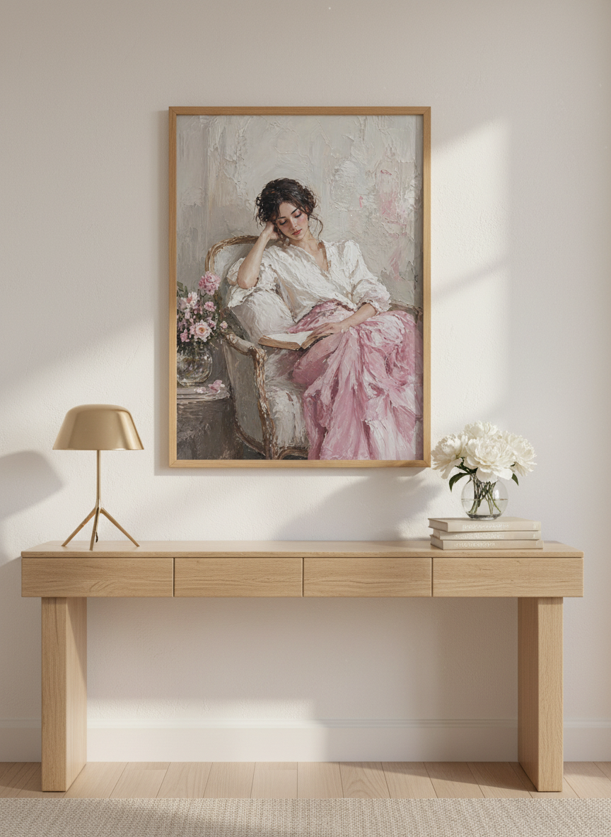 Impressionist Reading Woman Wall Art | Pink Floral Oil Painting, Bedroom Decor Poster