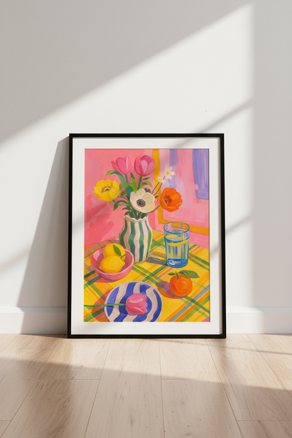 Bright Floral Poster | Painterly Pink Yellow, Kitchen Decor