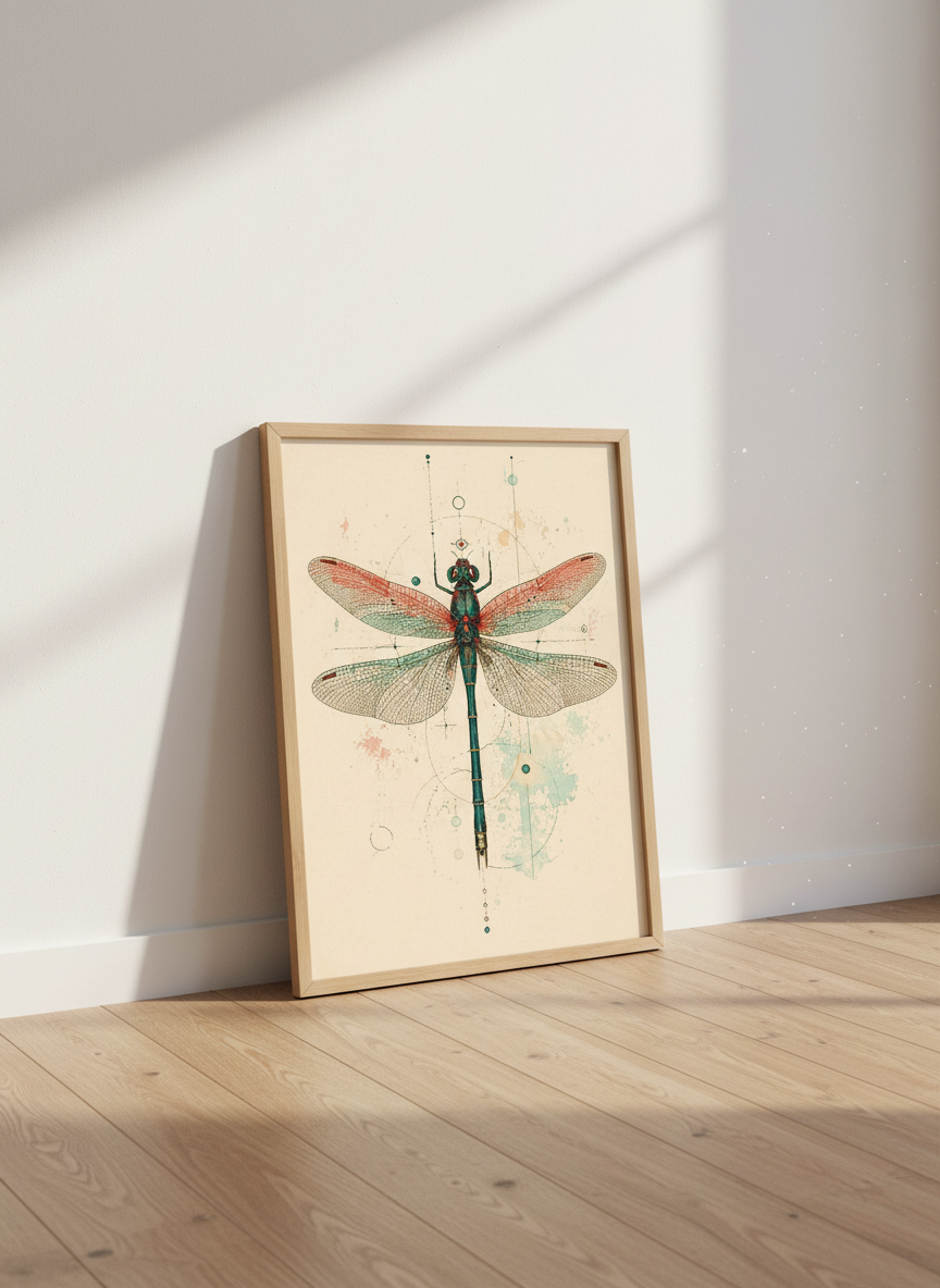 Dragonfly Botanical Print | Vintage Teal Insect Art, Dark Academia Decor