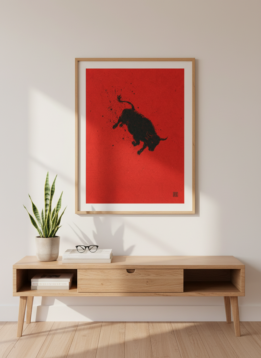 Bull Silhouette Wall Art | Red and Black Minimalist Poster, Office Decor Art