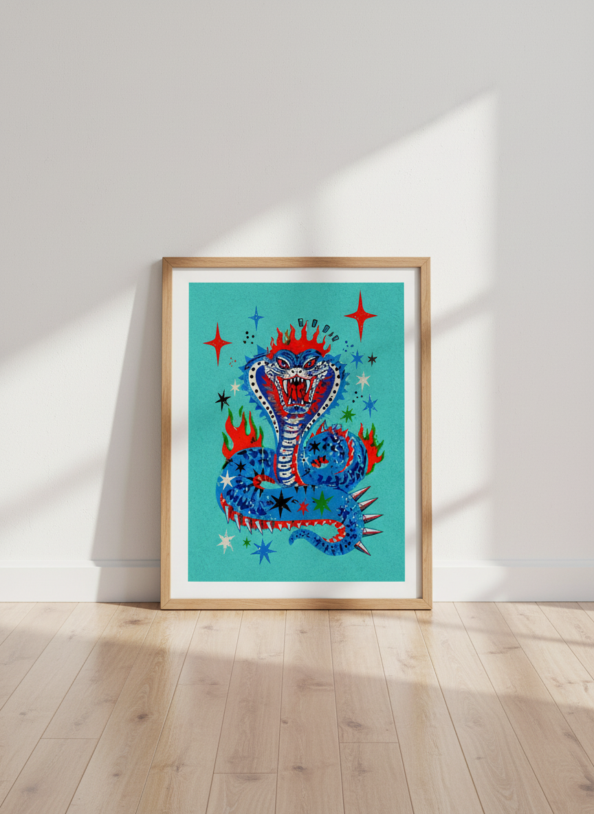 Fiery Cobra Snake Art Print | Retro Tattoo Style Wall Art, Maximalist Decor
