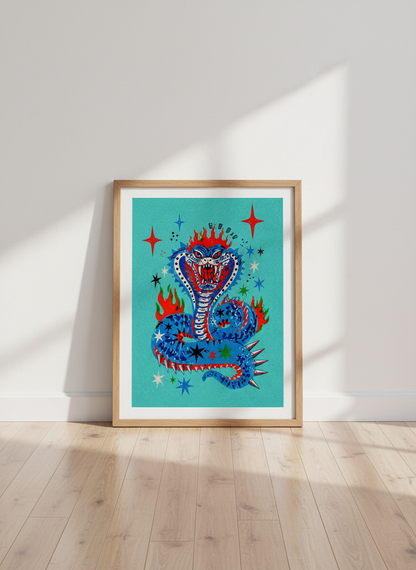 Fiery Cobra Snake Art Print | Retro Tattoo Style Wall Art, Maximalist Decor