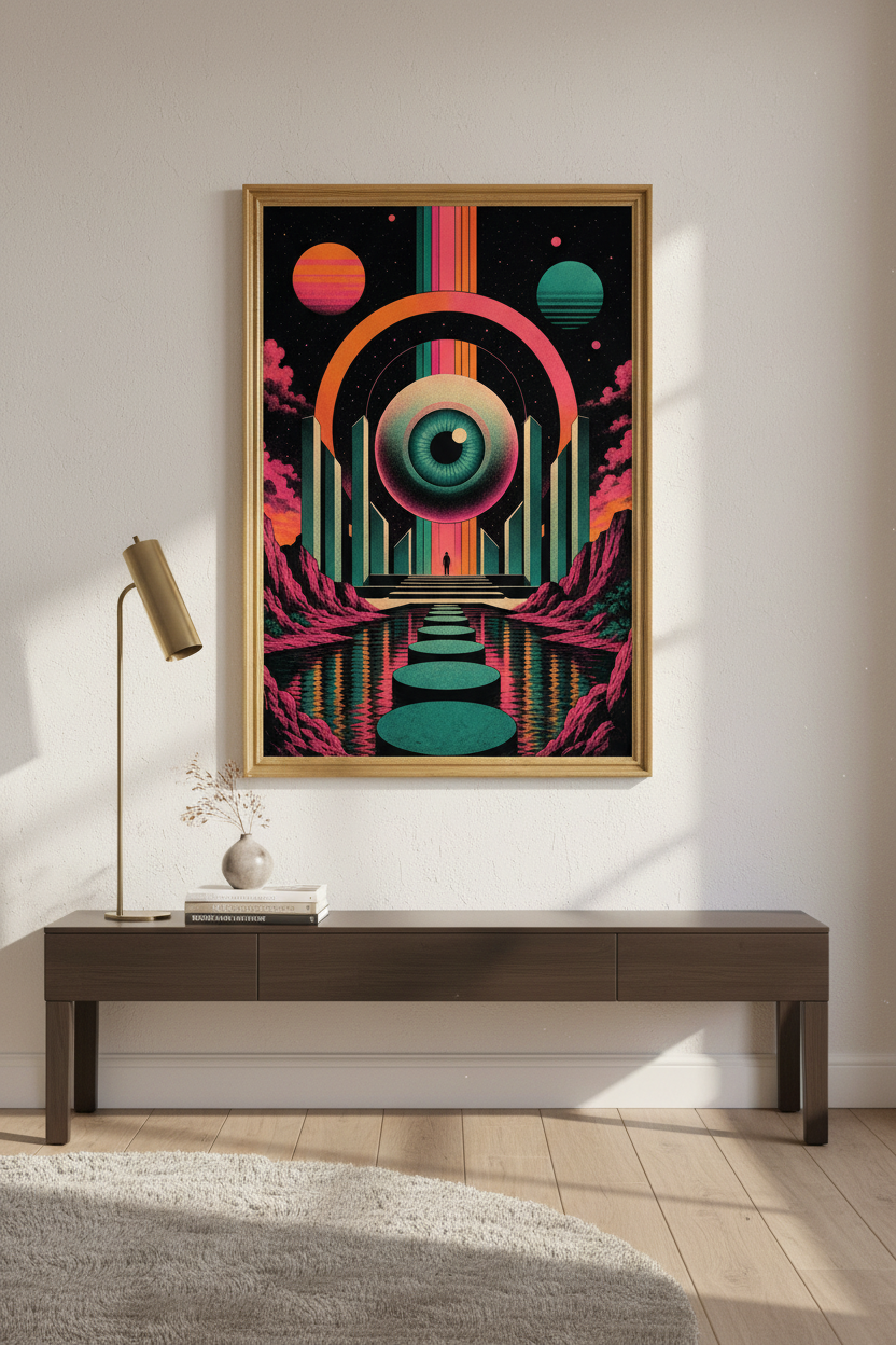 surreal eye poster | neon cosmic teal &amp; pink, living room decor