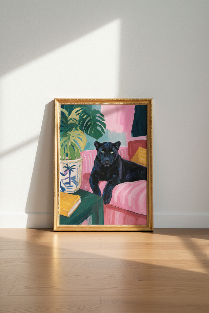 panther wall art | modern tropical, pink green living room poster