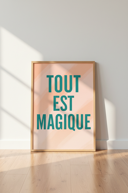 Minimalist French Quote Wall Art | Tout Est Magique Framed Poster | Aesthetic Home Decor | Sage Green Beige Art Print