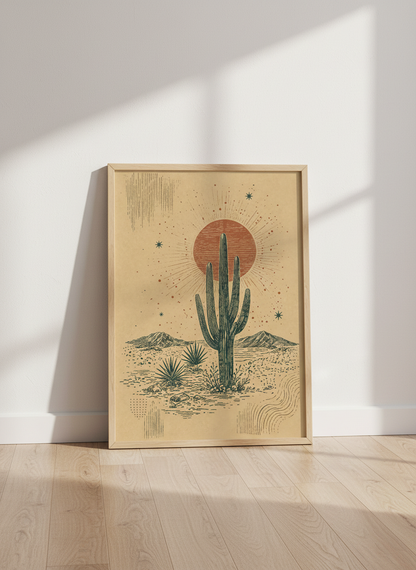Boho Saguaro Cactus Wall Art Print | Desert Sun Landscape | Southwest Decor