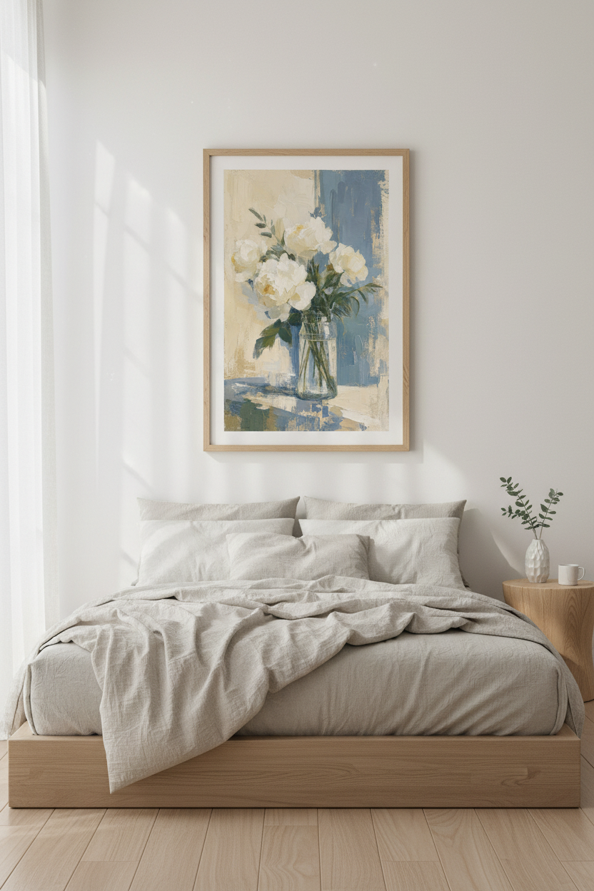 White Peony Floral Wall Art | Blue Impressionist Oil Painting, Living Room Decor