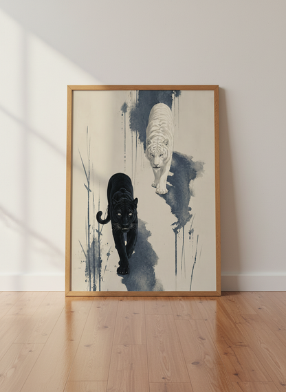Black Panther &amp; White Tiger | Ink Wash Style, Modern Living Room Decor
