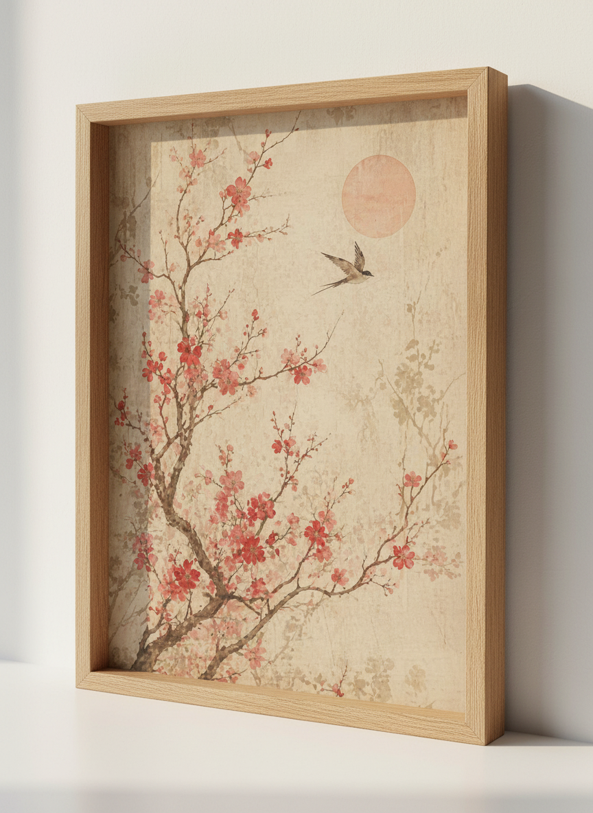 Japanese Cherry Blossom Bird Wall Art | Pink Sakura Floral, Zen Living Room Decor
