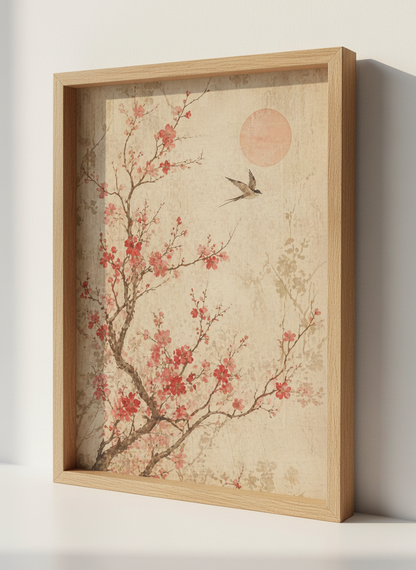 Japanese Cherry Blossom Bird Wall Art | Pink Sakura Floral, Zen Living Room Decor