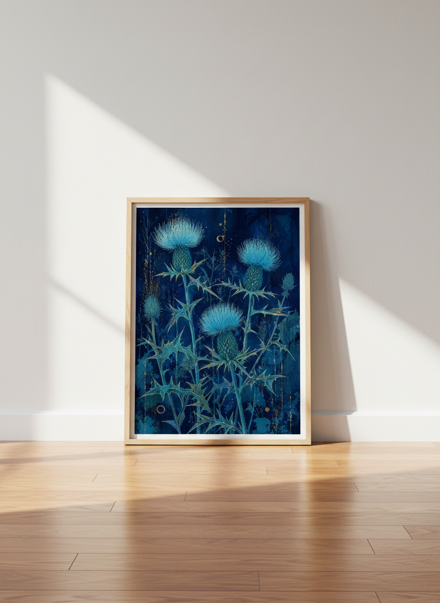 Blue Thistle Floral Wall Art | Navy &amp; Gold Botanical Poster, Moody Bedroom Decor
