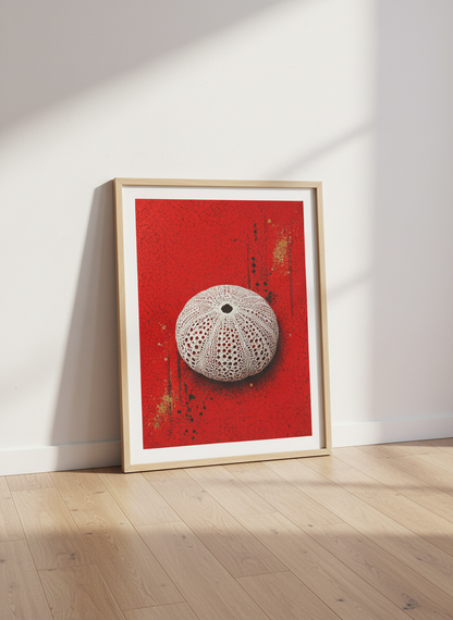 Sea Urchin Wall Art | Red and Gold Abstract Print | Modern Coastal Decor