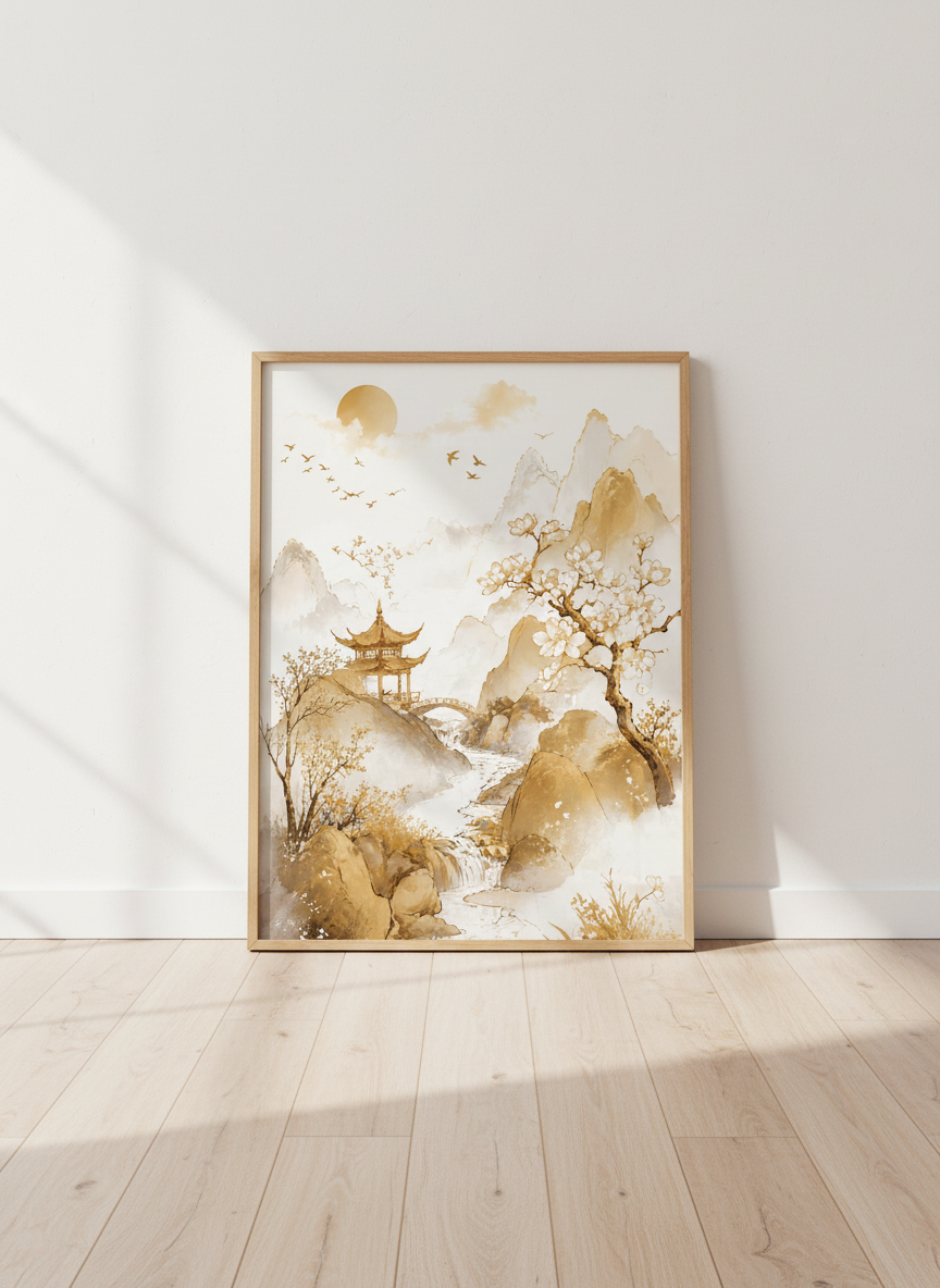 Japanese Pagoda Landscape Wall Art | Gold Mountain Nature Print | Zen Home Decor Poster