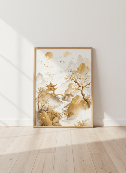 Japanese Pagoda Landscape Wall Art | Gold Mountain Nature Print | Zen Home Decor Poster