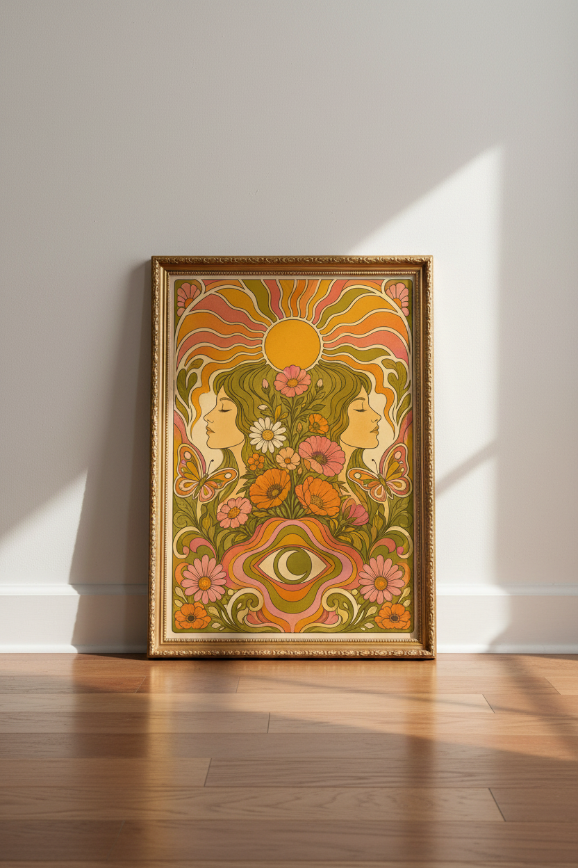 Retro Floral Poster | Psychedelic Orange Green, Living Room