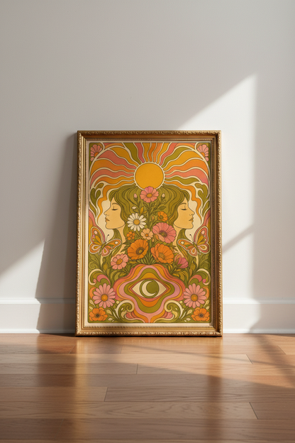 Retro Floral Poster | Psychedelic Orange Green, Living Room