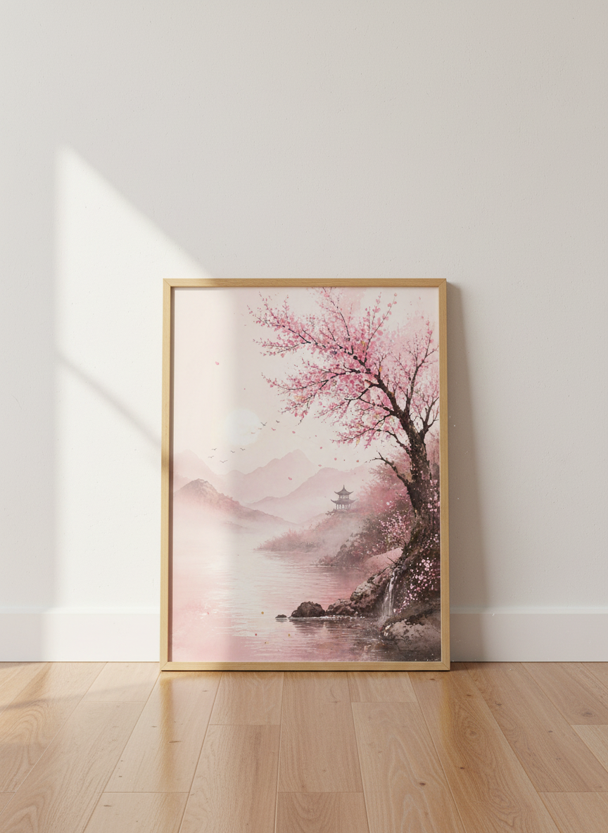 Cherry Blossom Landscape | Pink Japanese Watercolor Art, Zen Bedroom Decor