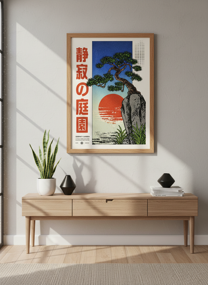 Japanese Woodblock Pine Tree Art | Serenity Garden Poster, Zen Decor, Ukiyo-e Print