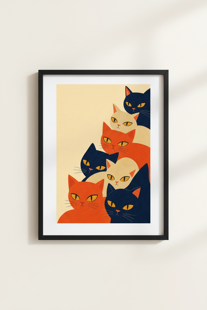 Retro Cat Poster | Midcentury Navy Orange Living Room Decor