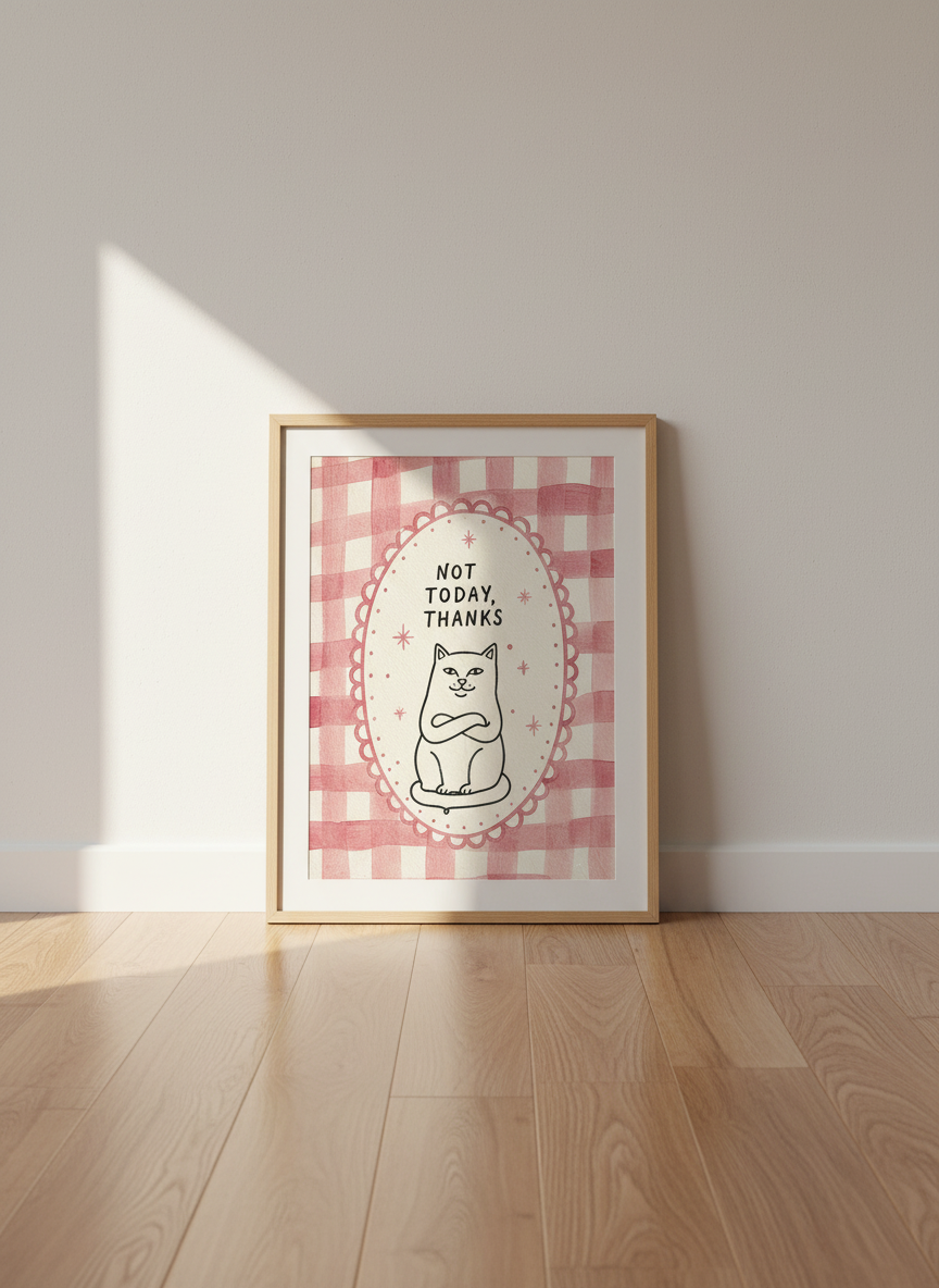 Funny Cat Art | Pink Gingham Not Today Thanks Poster, Cute Coquette Room Decor