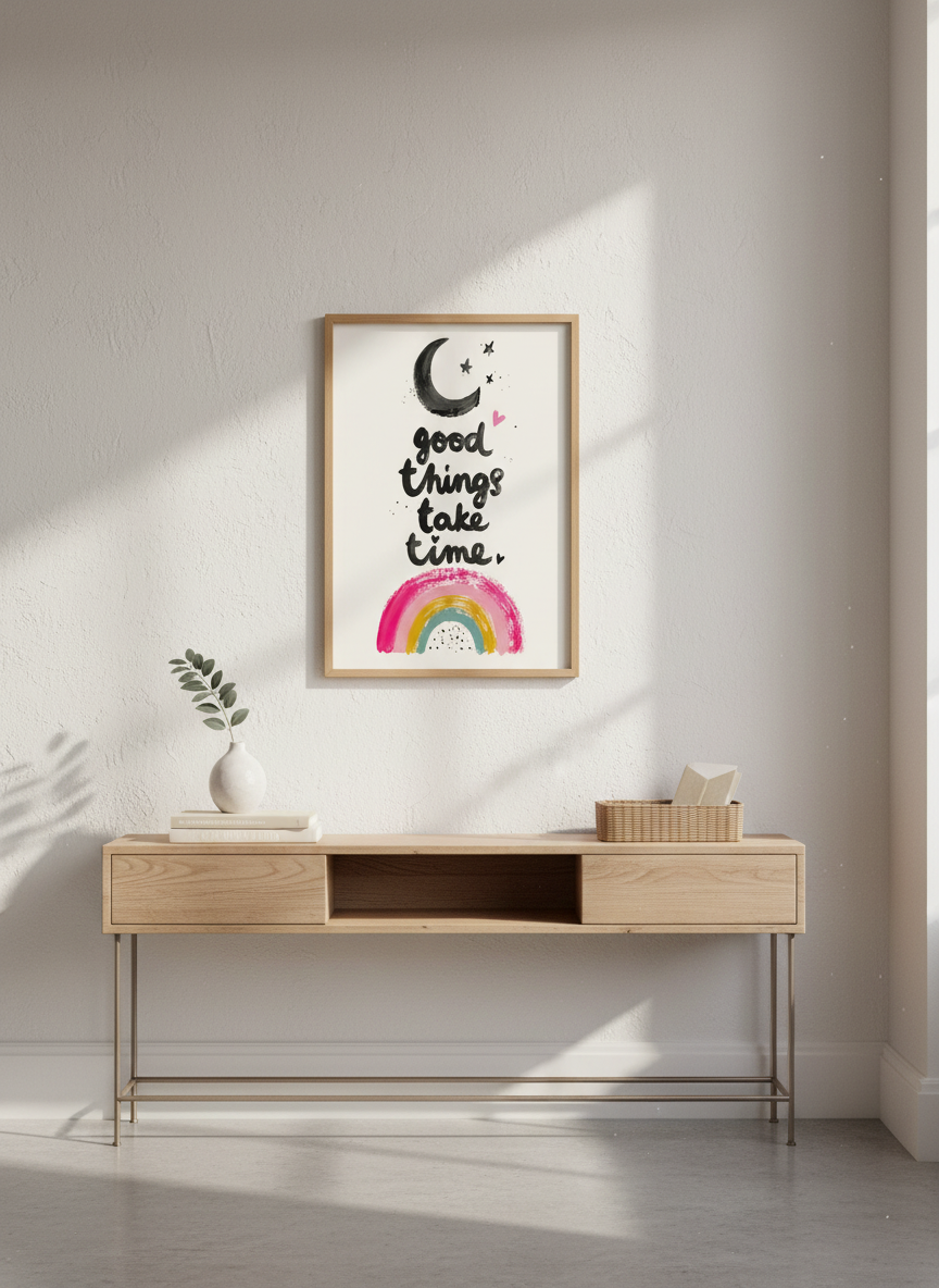 Good Things Take Time Wall Art Print | Boho Nursery Decor | Moon Rainbow Poster