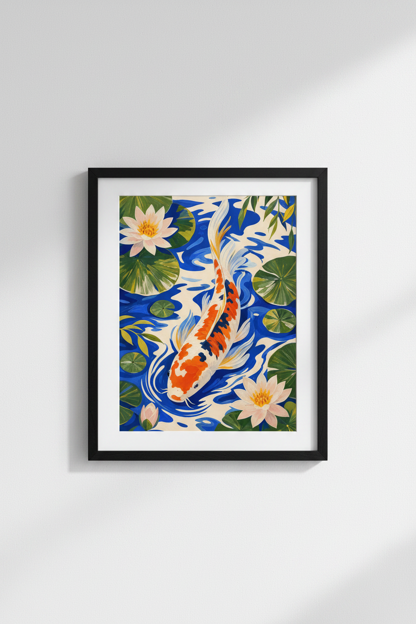 koi fish wall art | Handpainted Blue &amp; Orange, Bathroom Decor