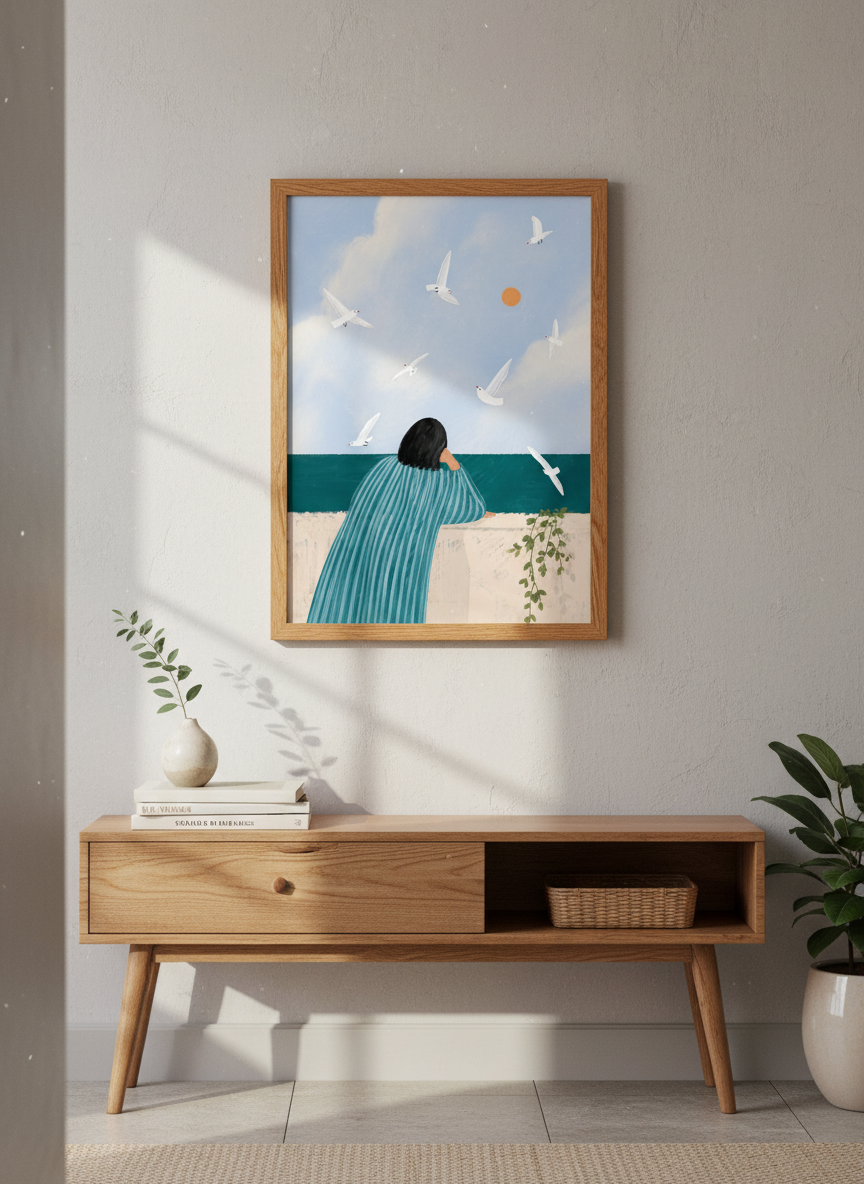 Woman Ocean View Wall Art | Tranquil Coastal Decor | Minimalist Seagull Print