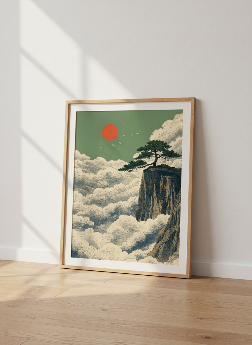 Japanese Landscape Wall Art | Pine Tree &amp; Red Sun Print, Zen Bedroom Decor
