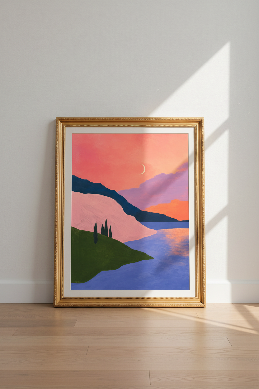 minimalist landscape Wall Art Print | Bedroom Decor, Pastel Sunset Poster