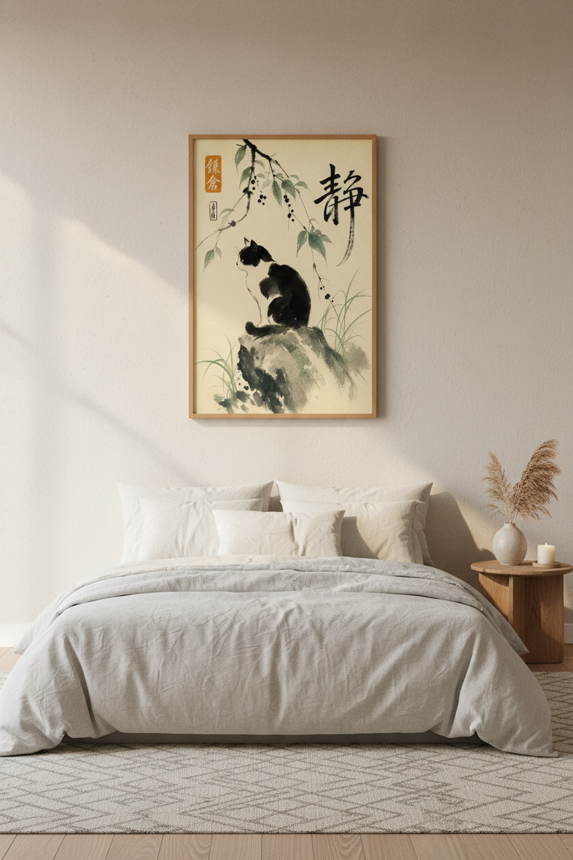 Japanese Black and White Cat Wall Art | Zen Ink Style, Living Room Decor