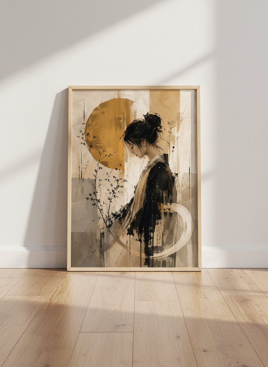 Japanese Woman Portrait | Wabi-Sabi Ochre &amp; Black Art, Zen Bedroom Decor
