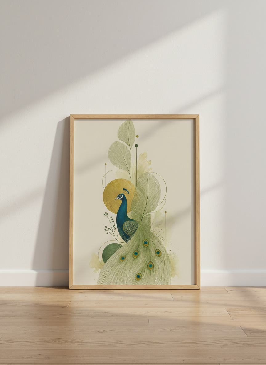 Art Deco Peacock Wall Art Print | Living Room Decor | Teal Gold Aesthetic Poster