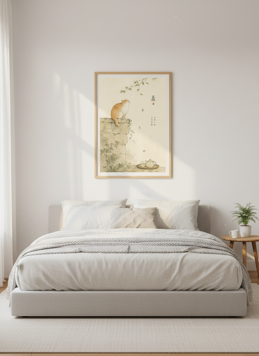Ginger Cat Wall Art | Japanese Ink Style Zen Poster, Minimalist Home Decor
