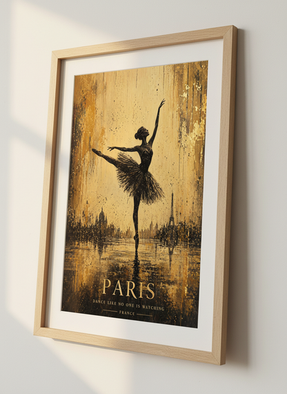Paris Ballerina Wall Art | Gold Black Dancer Print, Eiffel Tower Poster