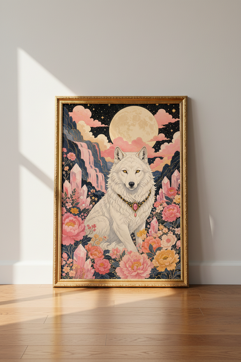 mystical wolf print | moonlit pink boho, bedroom decor