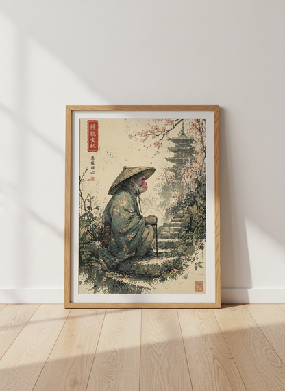 Japanese Monkey Monk Wall Art | Zen Pagoda &amp; Cherry Blossom, Japandi Decor