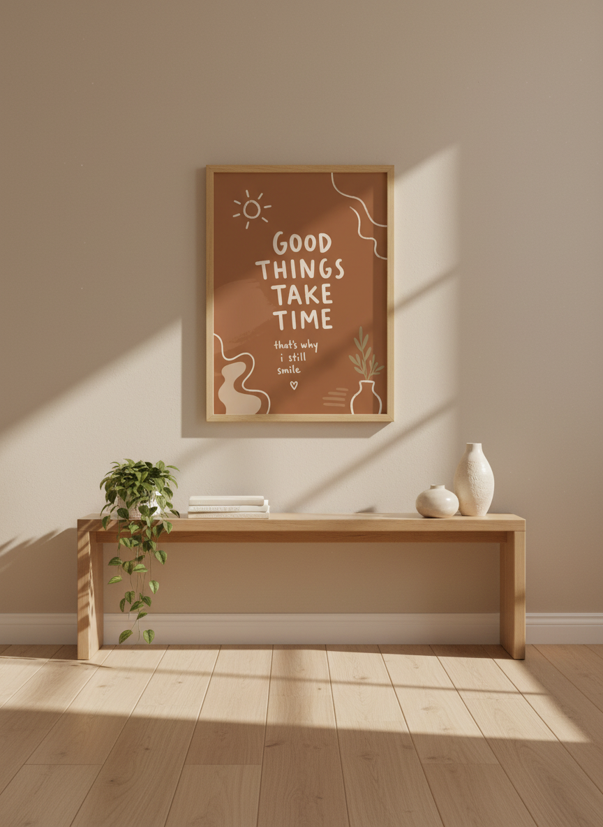 Good Things Take Time Wall Art | Boho Quote Print, Encouragement | Brown Aesthetic Decor